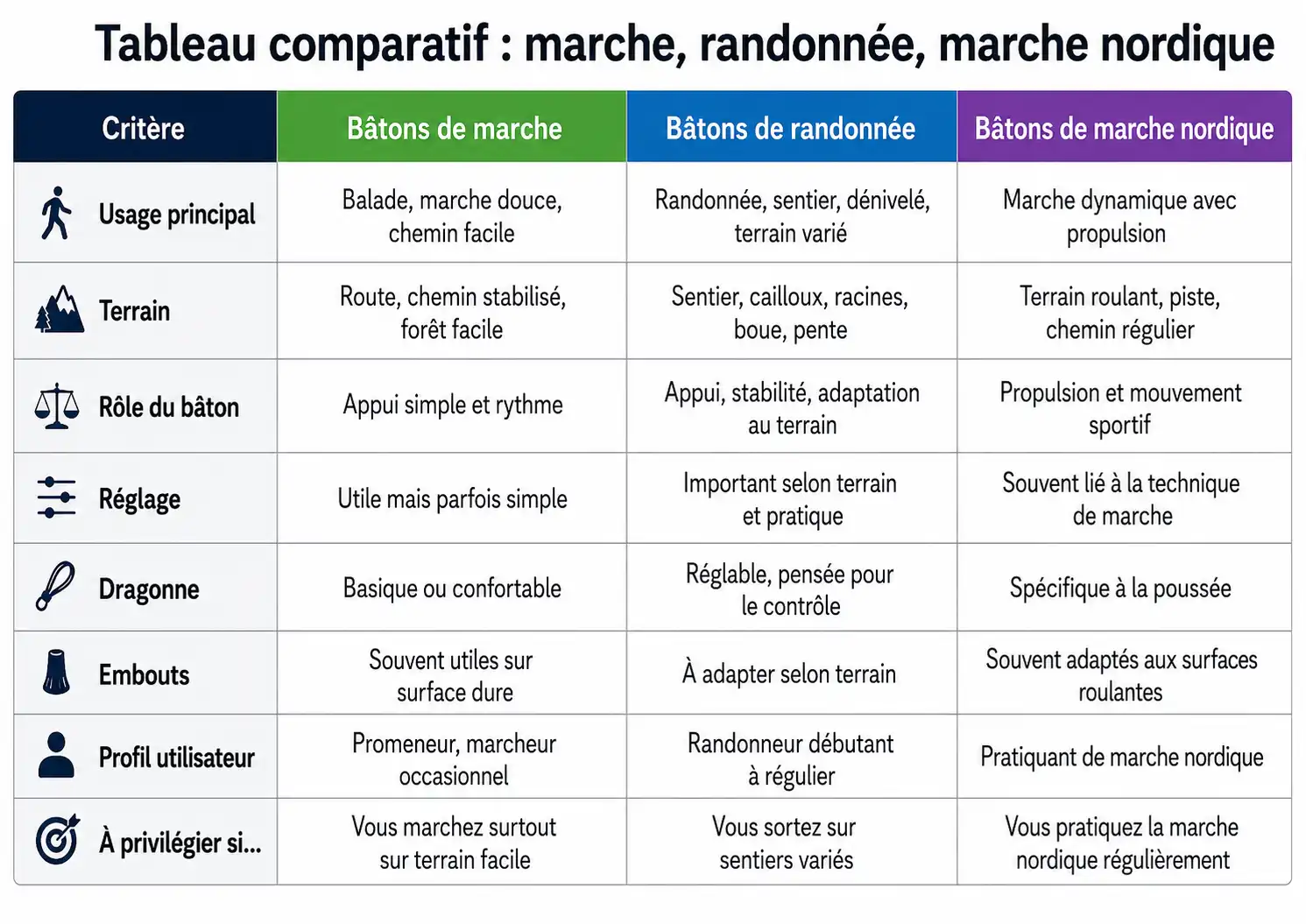 Tableau comparatif entre marche, randonnée et marche nordique