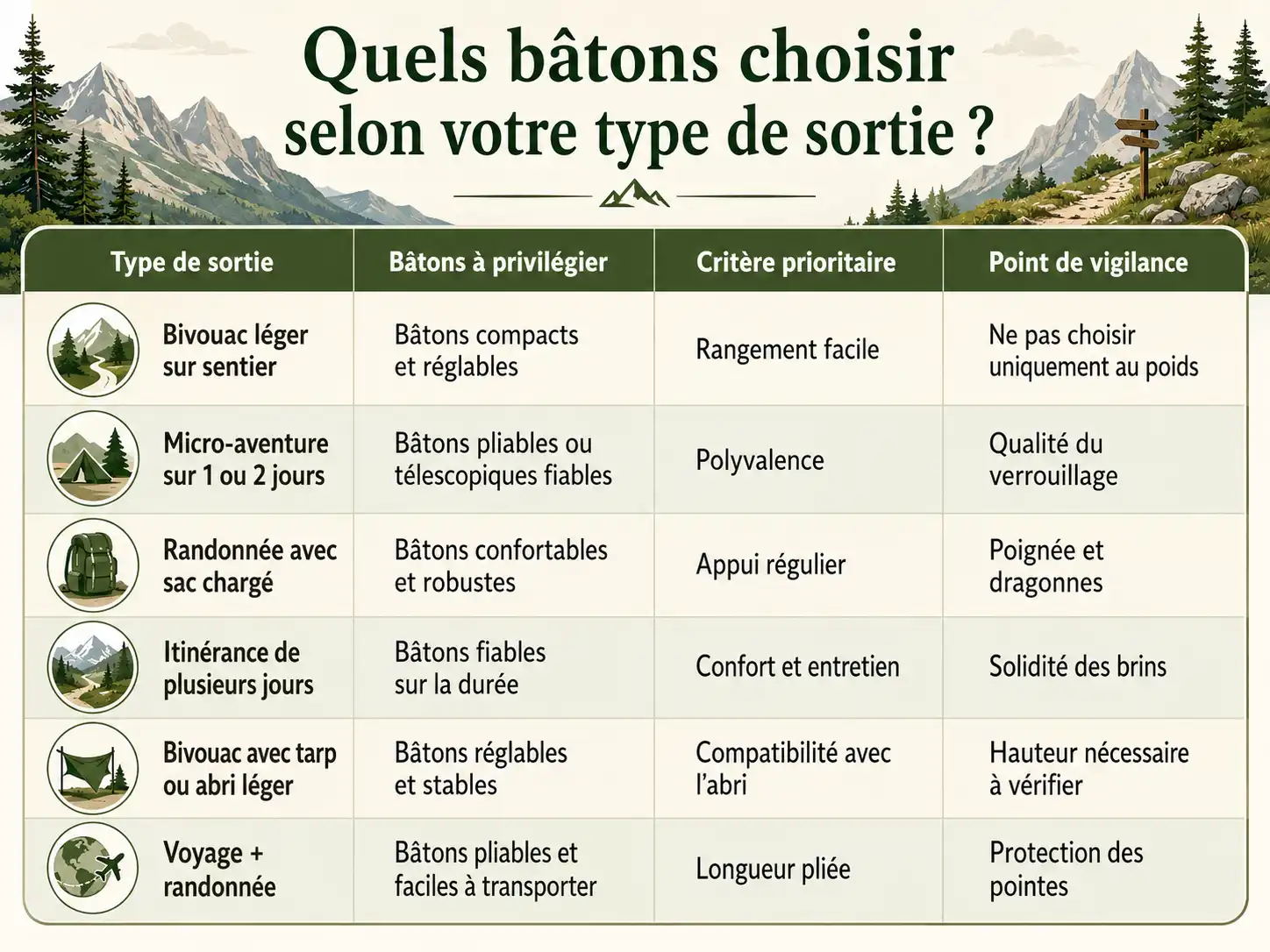 Tableau des bâtons à choisir suivant le type de sortie