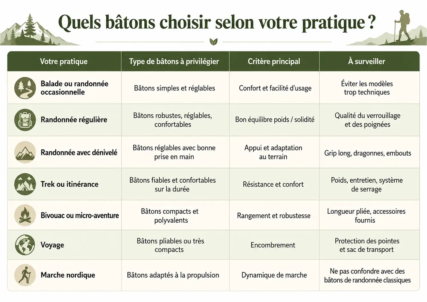 Tableau des bâtons à choisir suivant le type de marche