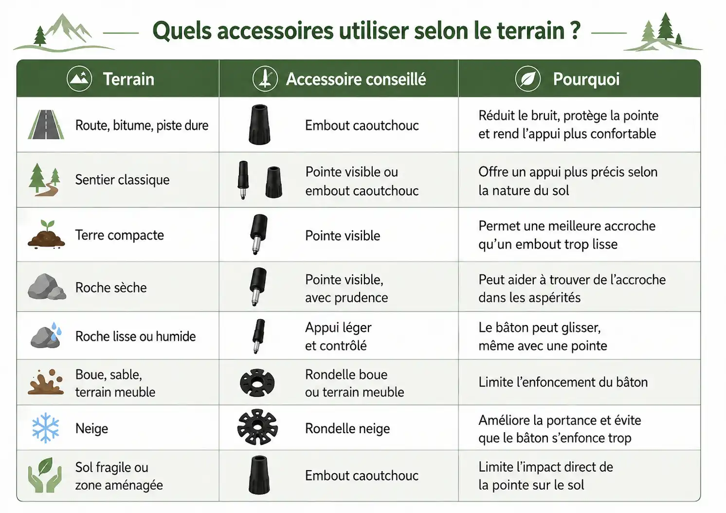 Tableau pour choisir ses embouts de bâtons de randonnée selon le terrain